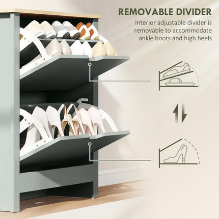 Slim Shoe Cabinet, Narrow Shoe Cupboard with 2 Flip Drawers, Adjustable Shelves for 12 Pairs of Shoes, Light Grey
