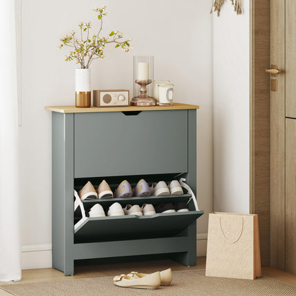 Slim Shoe Cabinet, Narrow Shoe Cupboard with 2 Flip Drawers, Adjustable Shelves for 12 Pairs of Shoes, Light Grey