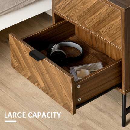 Bedside Table Set of 2 with 2 Drawers, Modern Side Tables with Herringbone Pattern and Metal Legs for Bedroom, Living Room, Walnut Brown