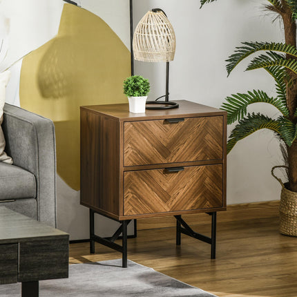 Bedside Table Set of 2 with 2 Drawers, Modern Side Tables with Herringbone Pattern and Metal Legs for Bedroom, Living Room, Walnut Brown