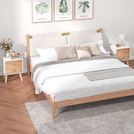 Bedside Table Set of 2, Modern Bedside Cabinets with Drawer and Pine Wood Legs, Nightstand for Bedroom, White and Natural