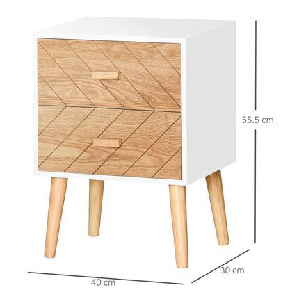 Bedside Table Set of 2, Modern Bedside Cabinets with Drawer and Pine Wood Legs, Nightstand for Bedroom, White and Natural