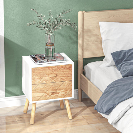 Bedside Table Set of 2, Modern Bedside Cabinets with Drawer and Pine Wood Legs, Nightstand for Bedroom, White and Natural