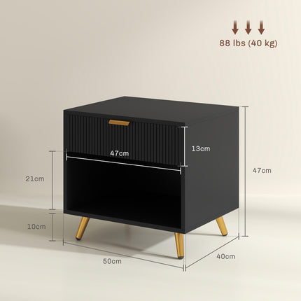 Elegant Bedside Table Set of 2, with Drawer and Shelf - Black/Gold Tone