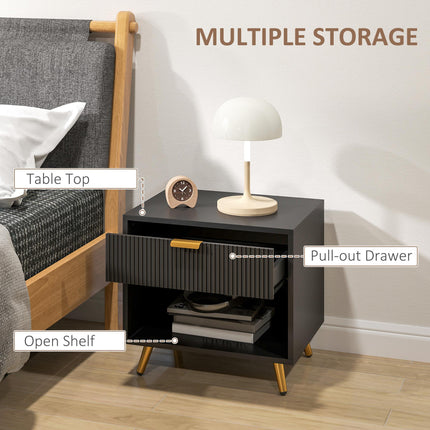 Elegant Bedside Table Set of 2, with Drawer and Shelf - Black/Gold Tone
