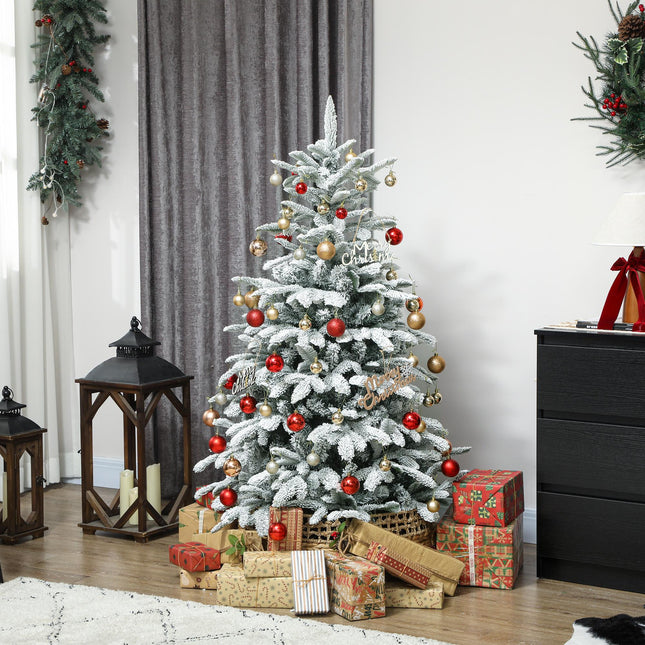5 ft Artificial Flocked Christmas Tree with 717 Branches, Hinged Xmas Tree with Foldable Metal Stand, Easy Assembly for Home Office Decor