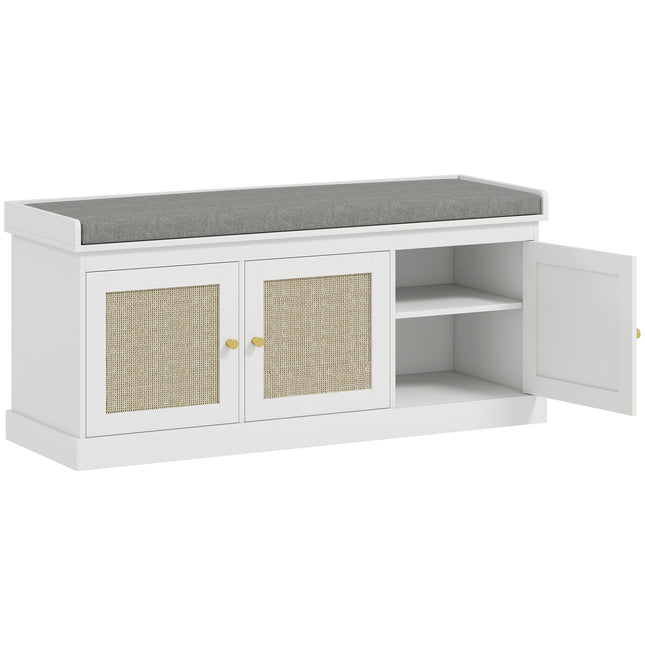 Shoe Storage Bench with Woven Rattan Doors, Seat - White