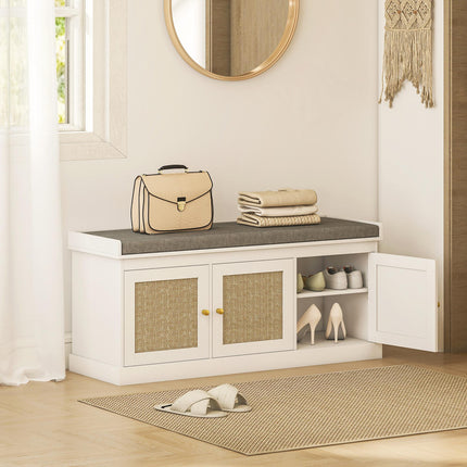 Shoe Storage Bench with Woven Rattan Doors, Seat - White
