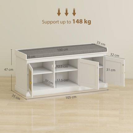 Shoe Storage Bench with Woven Rattan Doors, Seat - White