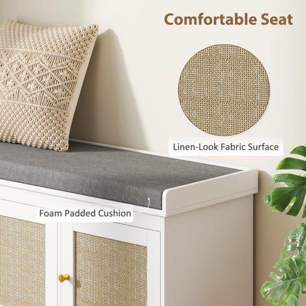 Shoe Storage Bench with Woven Rattan Doors, Seat - White