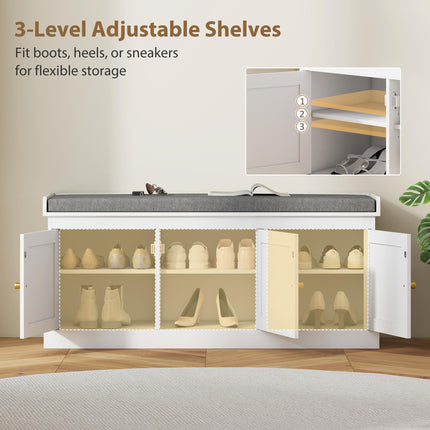 Shoe Storage Bench with Woven Rattan Doors, Seat - White