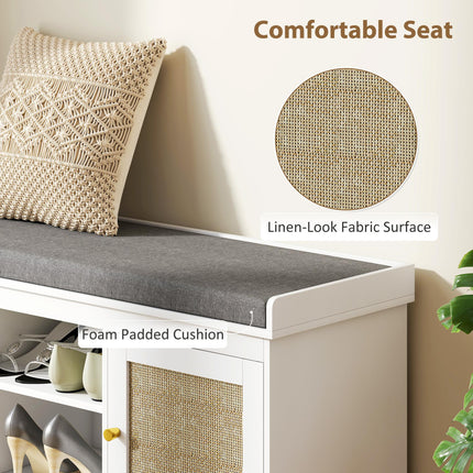 Boho Shoe Storage Bench with Padded Cushion and Rattan Doors - White