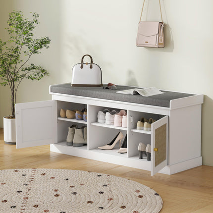 Boho Shoe Storage Bench with Padded Cushion and Rattan Doors - White