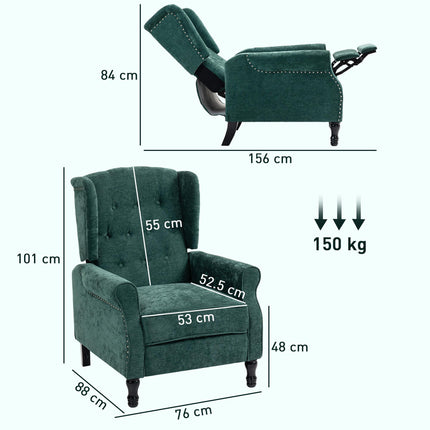 150° Reclining Vintage Armchair, with footrest - Dark Green