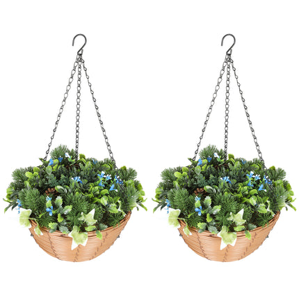 Pack of 2 Faux Plant Artificial Lisianthus Flowers, Hanging Planters with Basket, PE Leaves, 18 Flowers and 3 Pinecones, Decorative Faux Plants for Home Office Decor, Green