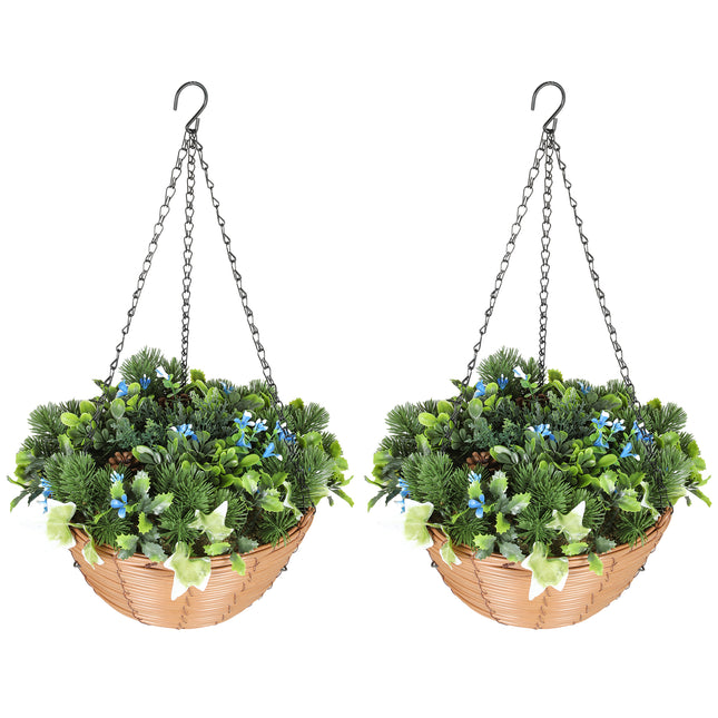 Pack of 2 Faux Plant Artificial Lisianthus Flowers, Hanging Planters with Basket, PE Leaves, 18 Flowers and 3 Pinecones, Decorative Faux Plants for Home Office Decor, Green
