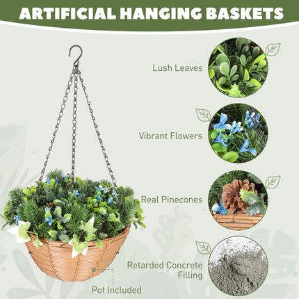 Pack of 2 Faux Plant Artificial Lisianthus Flowers, Hanging Planters with Basket, PE Leaves, 18 Flowers and 3 Pinecones, Decorative Faux Plants for Home Office Decor, Green