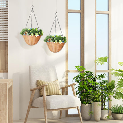 Pack of 2 Faux Plant Artificial Lisianthus Flowers, Hanging Planters with Basket, PE Leaves, 18 Flowers and 3 Pinecones, Decorative Faux Plants for Home Office Decor, Green