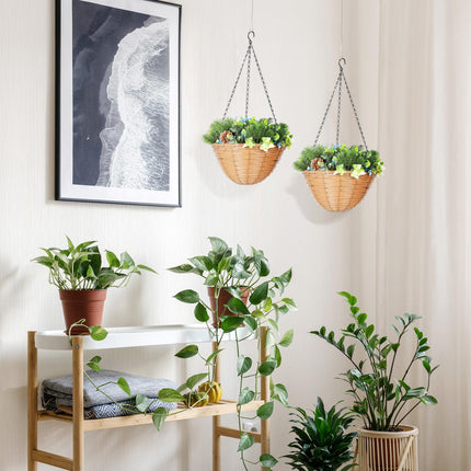 Pack of 2 Faux Plant Artificial Lisianthus Flowers, Hanging Planters with Basket, PE Leaves, 18 Flowers and 3 Pinecones, Decorative Faux Plants for Home Office Decor, Green