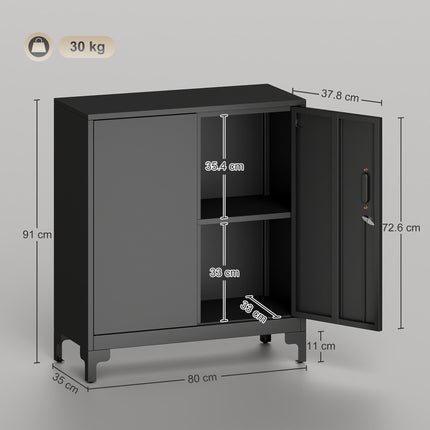 Lockable Metal Filing Cabinet, 2-Tier Storage Cupboard with Double Doors, Modern Office Organiser, Black
