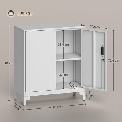 Lockable Metal Filing Cabinet, 2-Tier Storage Cupboard with Double Doors, Modern Office Organiser, White