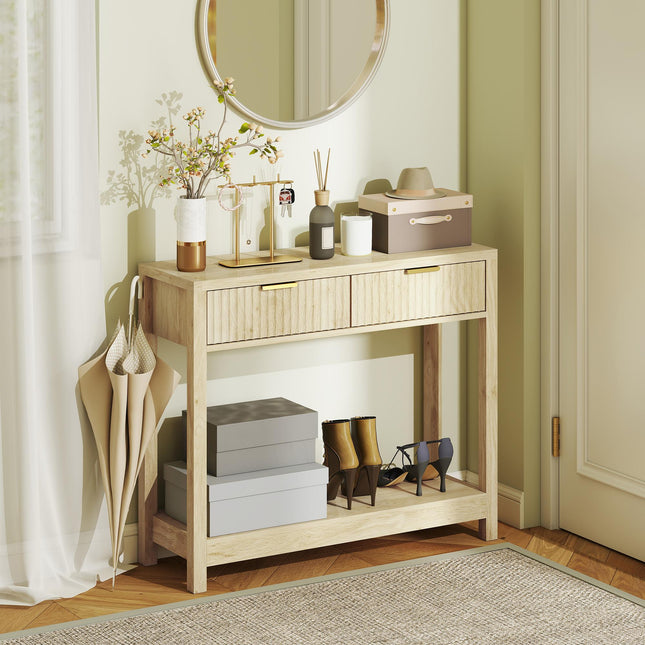 Modern Console Table with Fluted Panel Drawers, Narrow Hallway Table with Shelf for Entryway, Living Room, 90 x 30 x 76 cm, Natural Wood Finish