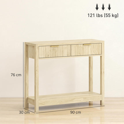 Modern Console Table with Fluted Panel Drawers, Narrow Hallway Table with Shelf for Entryway, Living Room, 90 x 30 x 76 cm, Natural Wood Finish