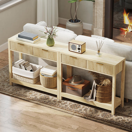 Modern Console Table with Fluted Panel Drawers, Narrow Hallway Table with Shelf for Entryway, Living Room, 90 x 30 x 76 cm, Natural Wood Finish