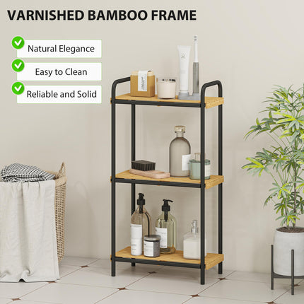 3-Tier Bamboo Bathroom Storage Shelf, Freestanding Narrow Shelving Unit with Slatted Shelves for Kitchen Bathroom Living Room, 41.5 x 21.5 x 77.5 cm, Natural and Black