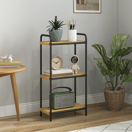 3-Tier Bamboo Bathroom Storage Shelf, Freestanding Narrow Shelving Unit with Slatted Shelves for Kitchen Bathroom Living Room, 41.5 x 21.5 x 77.5 cm, Natural and Black