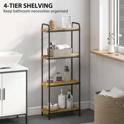 4-Tier Bamboo Bathroom Storage Shelf, Freestanding Narrow Shelving Unit with Slatted Shelves for Kitchen Bathroom Living Room, 41.5 x 21.5 x 106 cm, Natural and Black