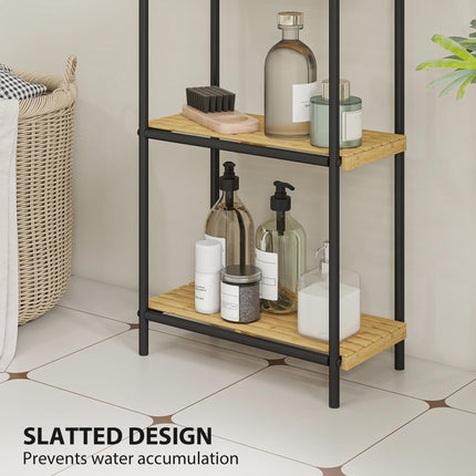 4-Tier Bamboo Bathroom Storage Shelf, Freestanding Narrow Shelving Unit with Slatted Shelves for Kitchen Bathroom Living Room, 41.5 x 21.5 x 106 cm, Natural and Black