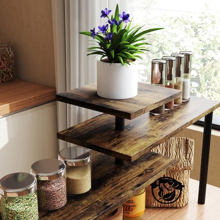 3-Tier Kitchen Countertop Organiser, Adjustable Spice Rack, Corner Shelf for Kitchen, Coffee Bar, Bathroom, Rustic Brown