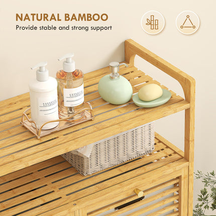 Double Tilt Out Bamboo Laundry Cabinet, Freestanding Bathroom Cabinet with 2 Removable Baskets, Natural