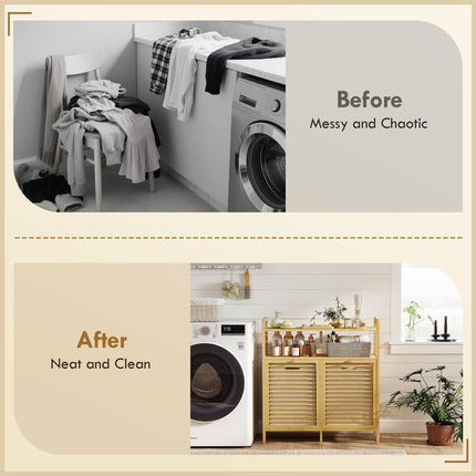 Double Tilt Out Bamboo Laundry Cabinet, Freestanding Bathroom Cabinet with 2 Removable Baskets, Natural