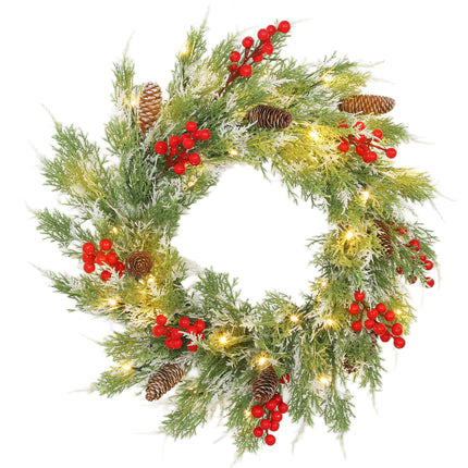 60 cm Prelit Christmas Wreath, Door Wreath with Realistic Branches, 30 Warm Whit