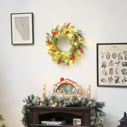 60 cm Prelit Christmas Wreath, Door Wreath with Realistic Branches, 30 Warm Whit