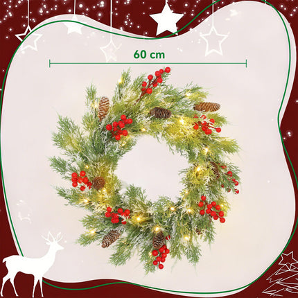 60 cm Prelit Christmas Wreath, Door Wreath with Realistic Branches, 30 Warm Whit