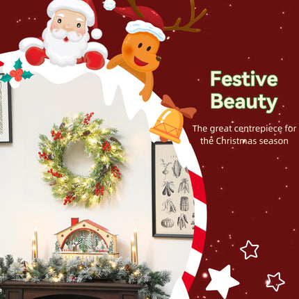 60 cm Prelit Christmas Wreath, Door Wreath with Realistic Branches, 30 Warm Whit