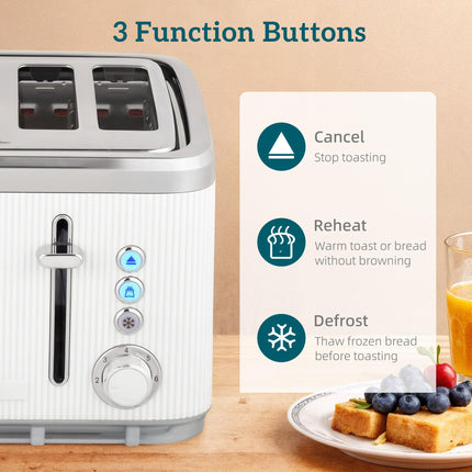 Electric Stainless Steel Kettle and Toaster Set, 3000W 1.7L UK Strix Thermostat Fast Boil Kettle w/ Limescale Filter, Cool Touch Body, 4 Slice Toaster with 7 Browning Levels, White