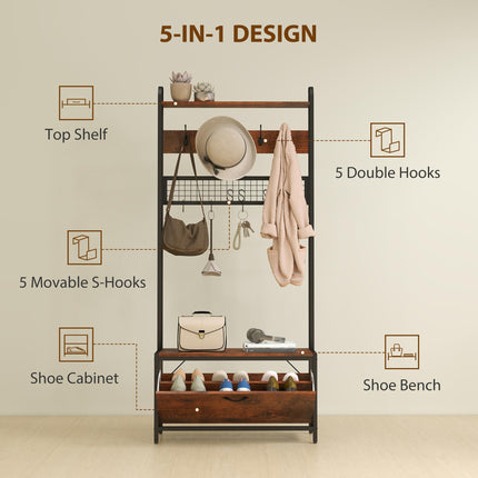 5-In-1 Industrial-Style Hallway Tree - Brown/Black