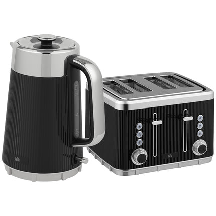 Electric Stainless Steel Kettle and Toaster Set, 3000W 1.7L UK Strix Thermostat Fast Boil Kettle w/ Limescale Filter, Cool Touch Body, 4 Slice Toaster with 7 Browning Levels, Black