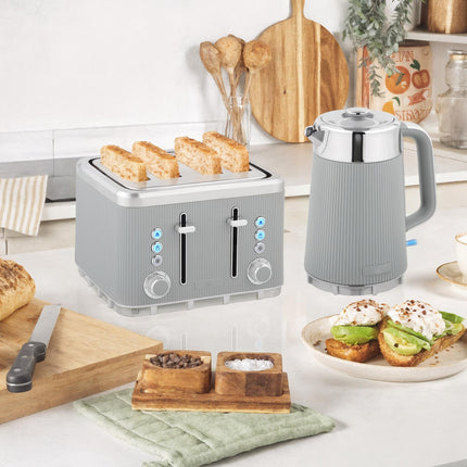 Electric Stainless Steel Kettle and Toaster Set, 3000W 1.7L UK Strix Thermostat Fast Boil Kettle w/ Limescale Filter, Cool Touch Body, 4 Slice Toaster with 7 Browning Levels, Taupe