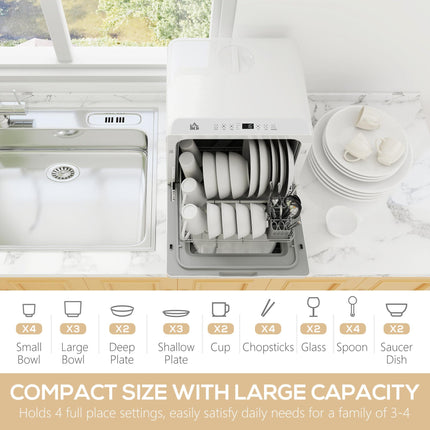 Table Top Dishwasher with Built-in 6L Water Tank, Mini Countertop Dishwasher with 6 Programs, 4 Place Settings, White
