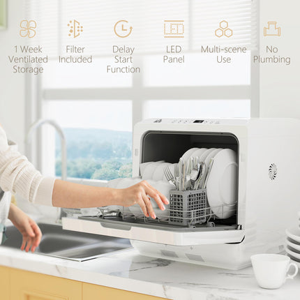 Table Top Dishwasher with Built-in 6L Water Tank, Mini Countertop Dishwasher with 6 Programs, 4 Place Settings, White