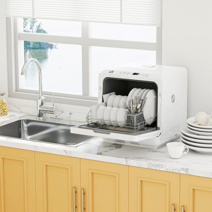 Table Top Dishwasher with Built-in 6L Water Tank, Mini Countertop Dishwasher with 6 Programs, 4 Place Settings, White