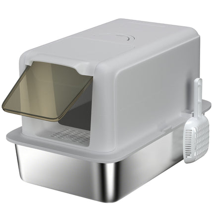 Stainless Steel Cat Litter Box with Removable Lid, Scoop, Filter Bags, for Larger Cats, Grey