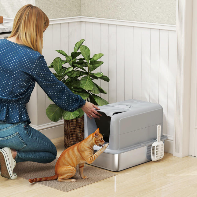 Stainless Steel Cat Litter Box with Removable Lid, Scoop, Filter Bags, for Larger Cats, Grey