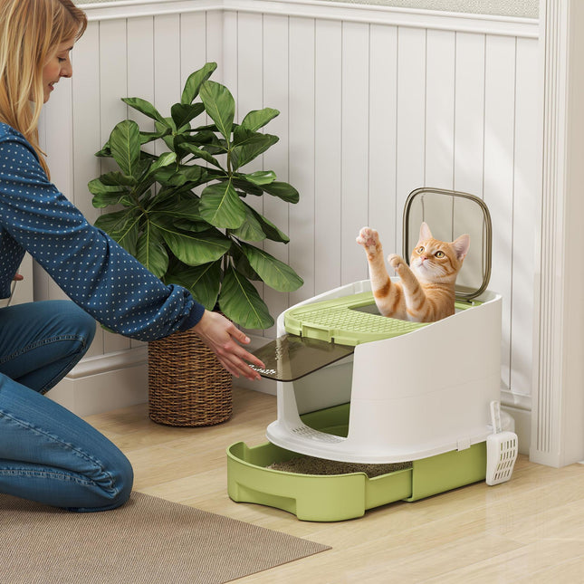 Cat Litter Box with Lid, Scoop, Deodorisation Bags, Top Entry, Green