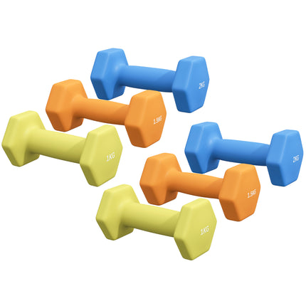 2 x 1kg, 2 x 1.5kg and 2 x 2kg Hexagonal Dumbbells Weights Set with Non-Slip Gri